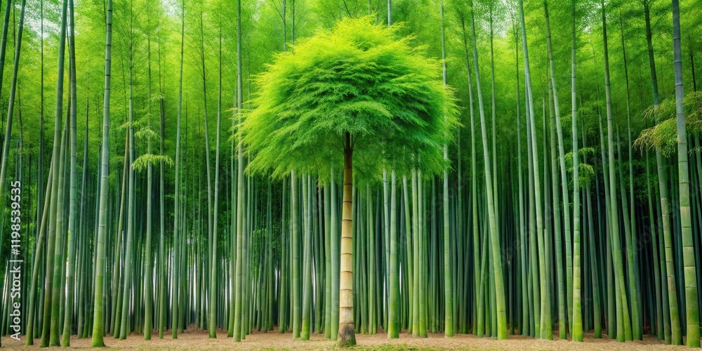 Lush Green Canopy of a Single Tree Rising Amidst a Dense Bamboo Forest
