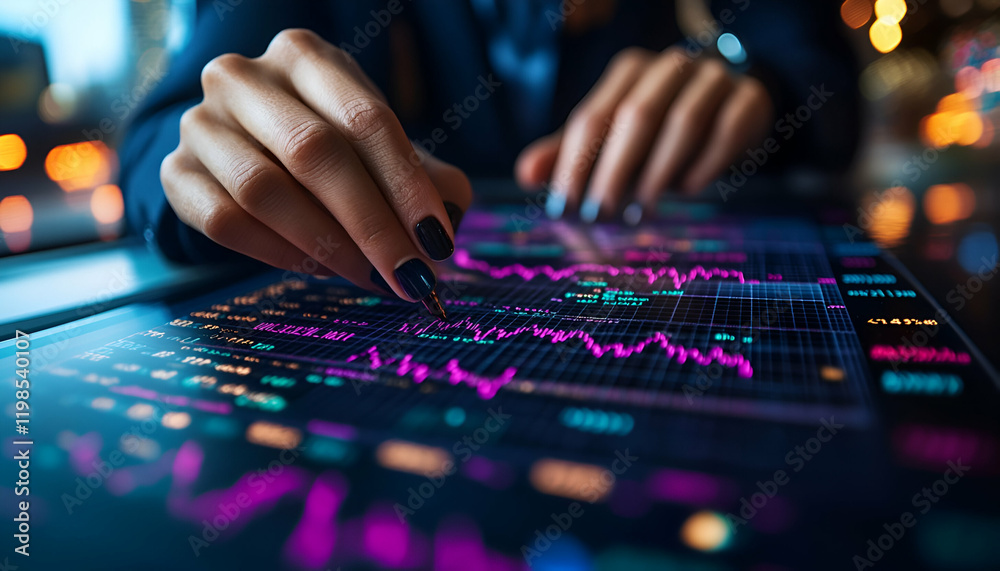 Woman analyzing stock market data on tablet at night Woman analyzing stock market data on tablet at night