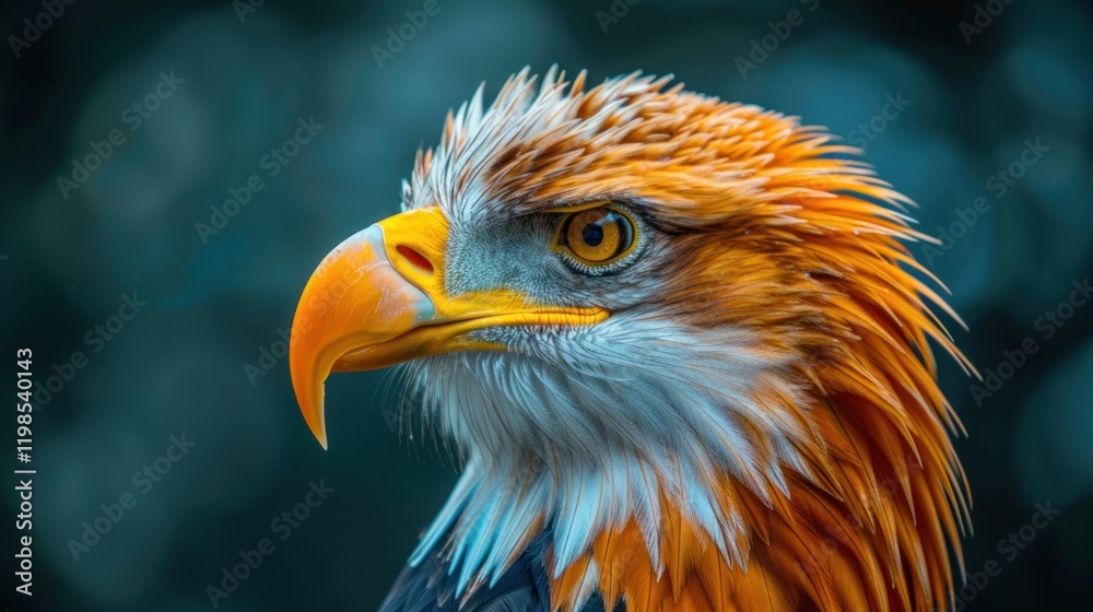 close-up of a brightly colored eagle detailed in focus against a blurry background close-up of a brightly colored eagle detailed in focus against a blurry background