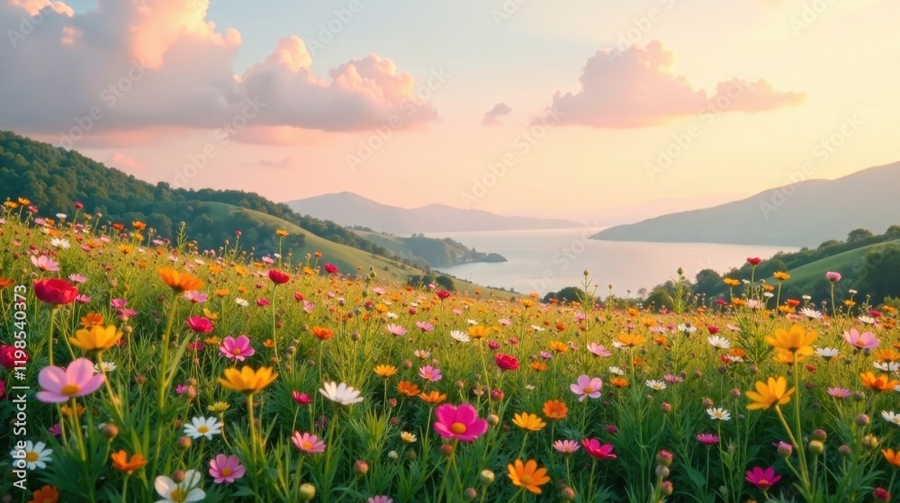Serene Sunset Vista A Vibrant Wildflower Meadow Blooms Abundantly on Rolling Hills Overlooking a Calm Bay Serene Sunset Vista A Vibrant Wildflower Meadow Blooms Abundantly on Rolling Hills Overlooking a Calm Bay