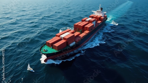 A majestic cargo ship sails across the vast, dark blue sea. Its sleek black hull glints under the sun, while a vibrant green deck hosts rows of striking red containers stacked high against the horizon photo