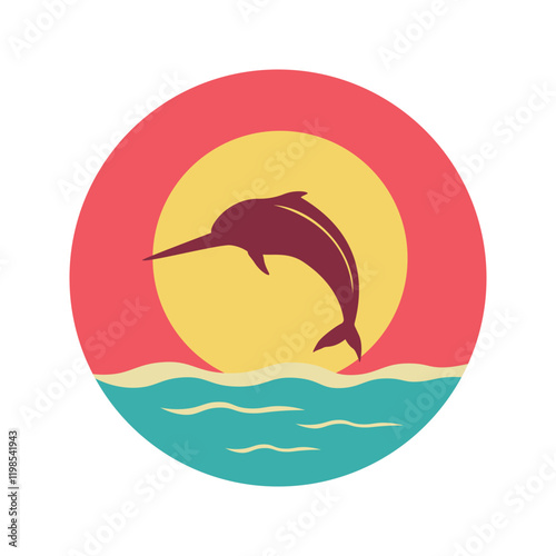 Marlin Fish Silhouette Jumping on the Ocean Surface with Circle Sun at Sunset Sunrise