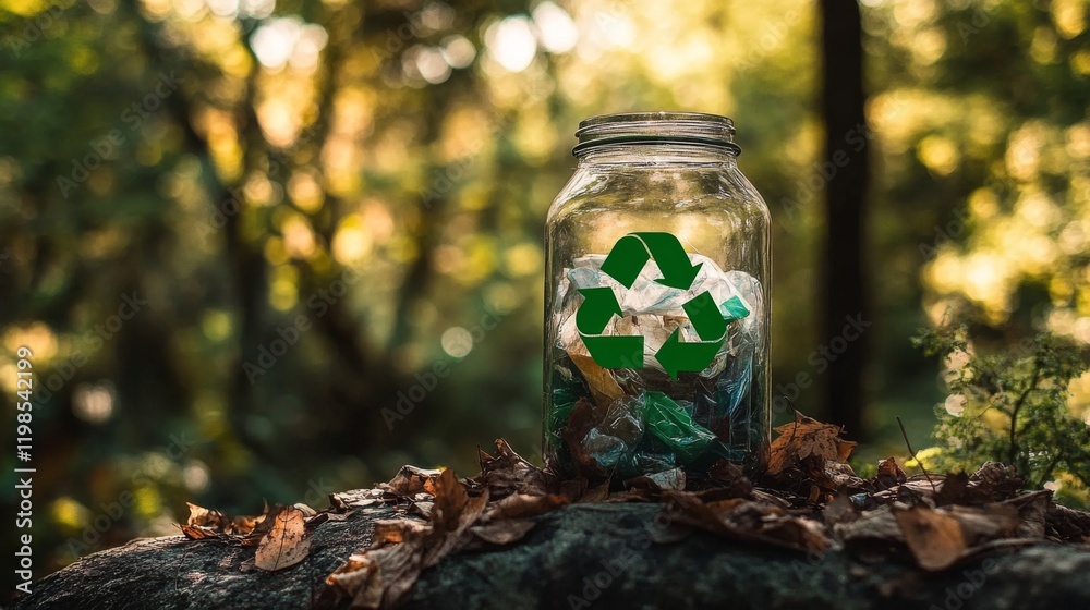 Fototapeta premium Serene recycling concept in forest: glass jar with green symbol, filled with garbage, surrounded by nature elements