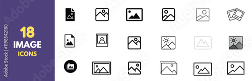 A collection of 18 minimalist photo and image icons in black outline style. Perfect for user interfaces, websites, and app design. Features various representations of picture placeholders and gallery.
