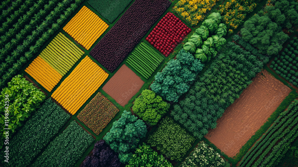 An organized patchwork of agricultural fields in various colors and textures An organized patchwork of agricultural fields in various colors and textures
