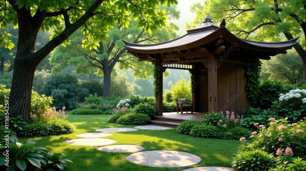Obraz premium Serene Garden Pavilion A Tranquil Oasis of Lush Greenery and Stone Pathways