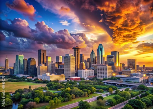 Dallas Skyline Panorama at Sunset, Texas Landscape Photography