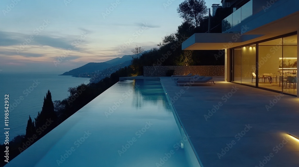 Obraz premium Luxury Villa with Infinity Pool and Stunning Ocean View at Sunset