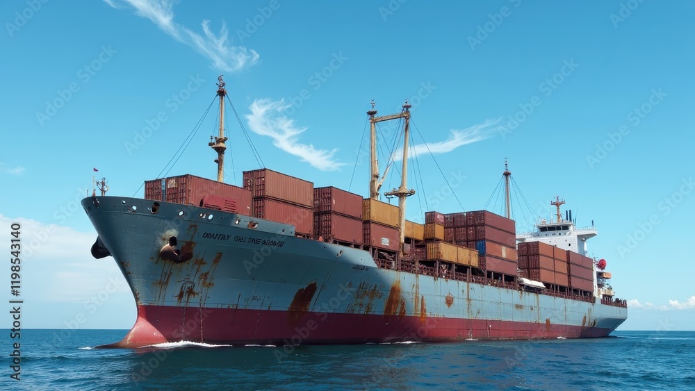 Fototapeta premium A majestic cargo vessel traverses the vast ocean, its hull brimming with neatly stacked shipping containers, gliding toward the horizon to the left. 
