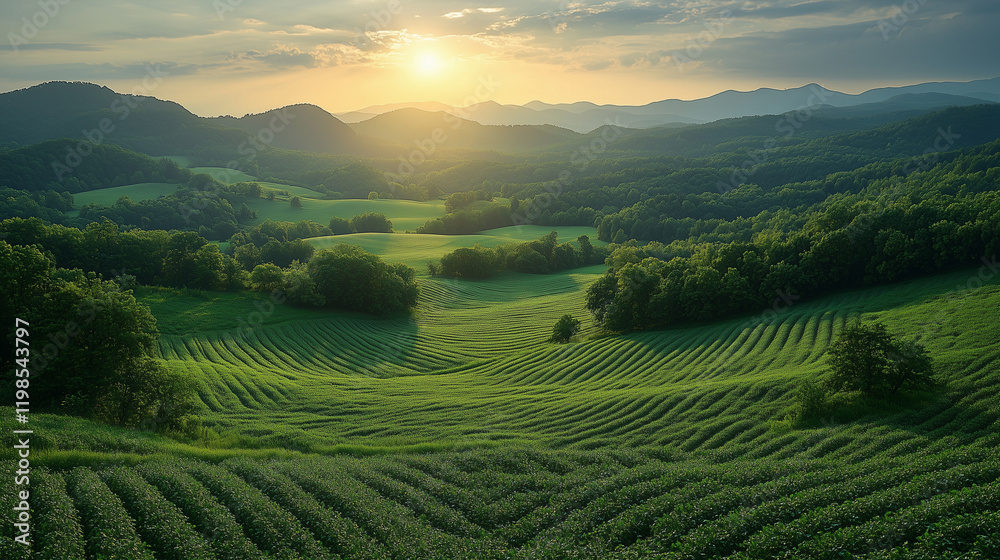 Rows of crops in a green valley