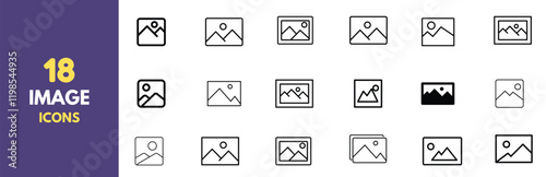 A collection of 18 minimalist photo and image icons in black outline style. Perfect for user interfaces, websites, and app design. Features various representations of picture placeholders and gallery. photo