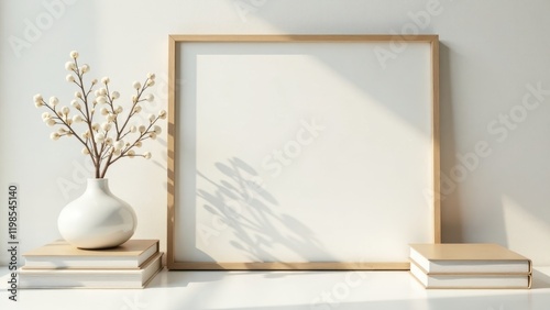 Serene Minimalist Home Decor Mockup Featuring a Blank Frame, Books, and a Delicate Floral Arrangement in a Modern Vase