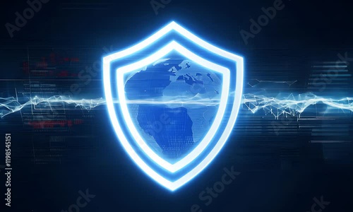 Digital shield animation representing secure systems and cybersecurity concepts with a futuristic network and technology background.