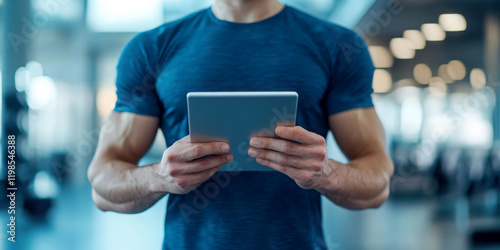 Man using tablet in a gym environment for fitness tracking. photo