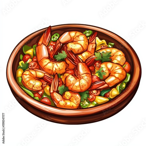 Mexican camarones a la diabla deviled shrimp national cuisine dish isolated on white background, colorful cartoon illustration photo