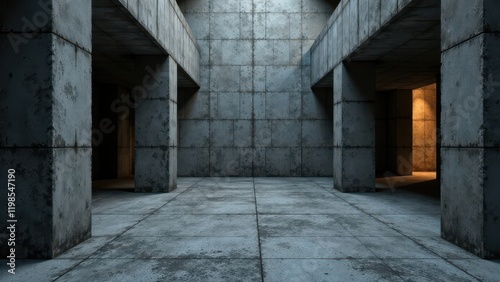 A dimly lit concrete chamber, featuring a series of weathered pillars and high ceilings, creates a somber and introspective atmosphere.