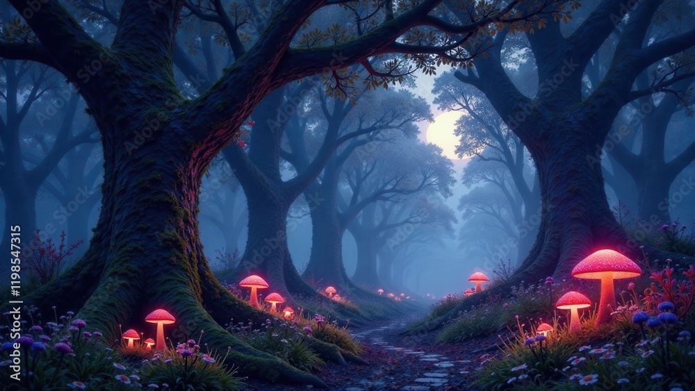 Obraz premium Enchanted Forest Path Glowing Mushrooms Illuminate a Mystical Nighttime Trail Through Ancient Trees