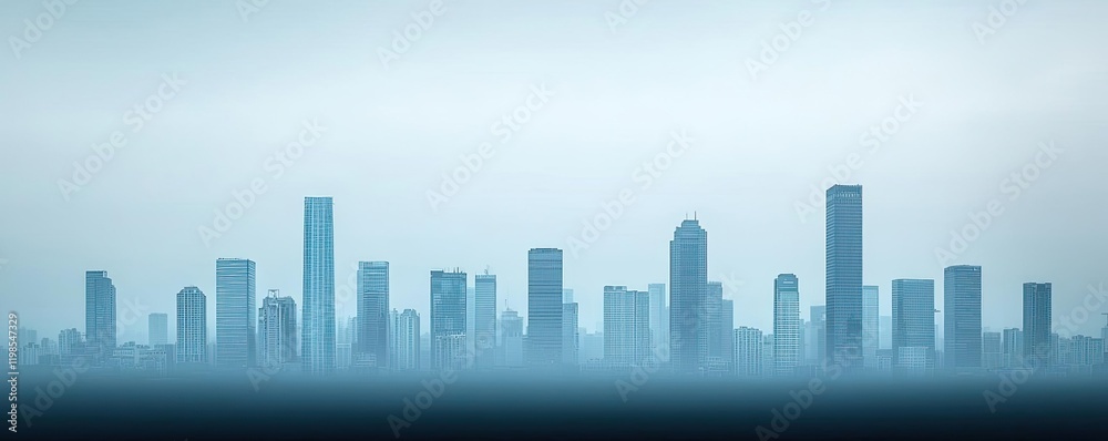 Obraz premium Dust pollution concept. A city skyline appears tranquil in soft blue hues, capturing urban beauty and serenity.