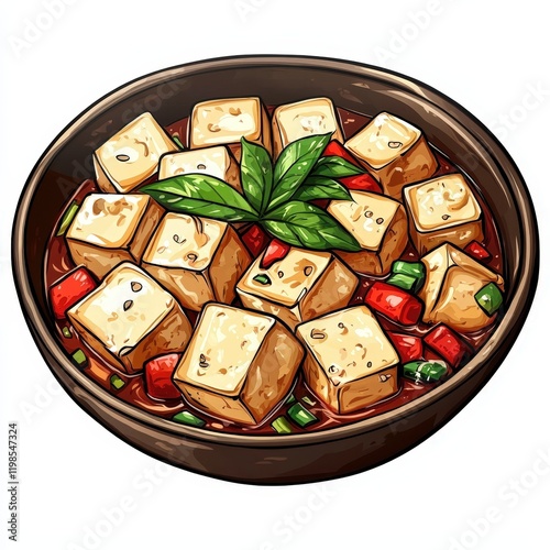 Chinese stinky tofu national cuisine dish isolated on white background, colorful cartoon illustration photo