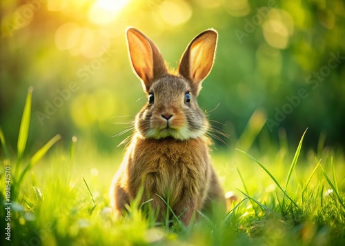 Adorable Brown Dwarf Rabbit in Lush Green Meadow - Springtime Stock Photo