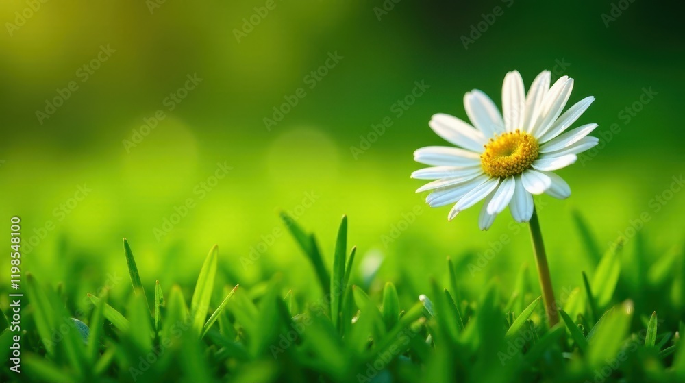 A single daisy in a vibrant green field, bathed in the soft glow of sunlight, symbolizes the beauty of nature's simplicity A single daisy in a vibrant green field, bathed in the soft glow of sunlight, symbolizes the beauty of nature's simplicity