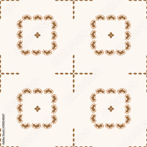 Simple hand painted partial squares creating a beautiful ethnic geometric pattern in a color palette of brown and cream on off white background. A seamless vector pattern. Great for home decor, fabric