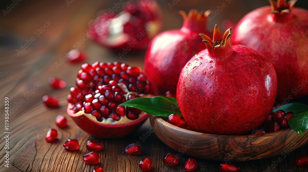 Selective focus on wooden table with red sweet pomegranates on it Selective focus on wooden table with red sweet pomegranates on it