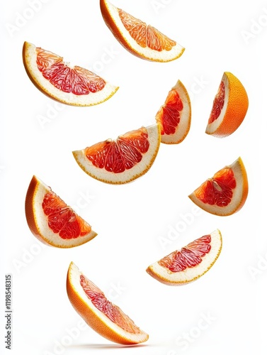 Falling identical pomelo slices floating in the air isolated on white background