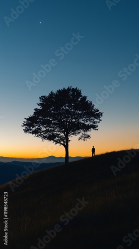 A lone figure stands silhouetted against a vibrant sunset, a single tree nearby. The scene exudes peace and serenity.