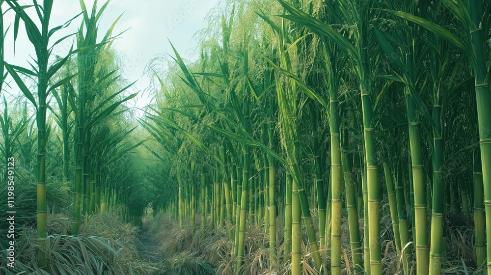 Field of sugar canes with tall sugar canes with mud path Field of sugar canes with tall sugar canes with mud path
