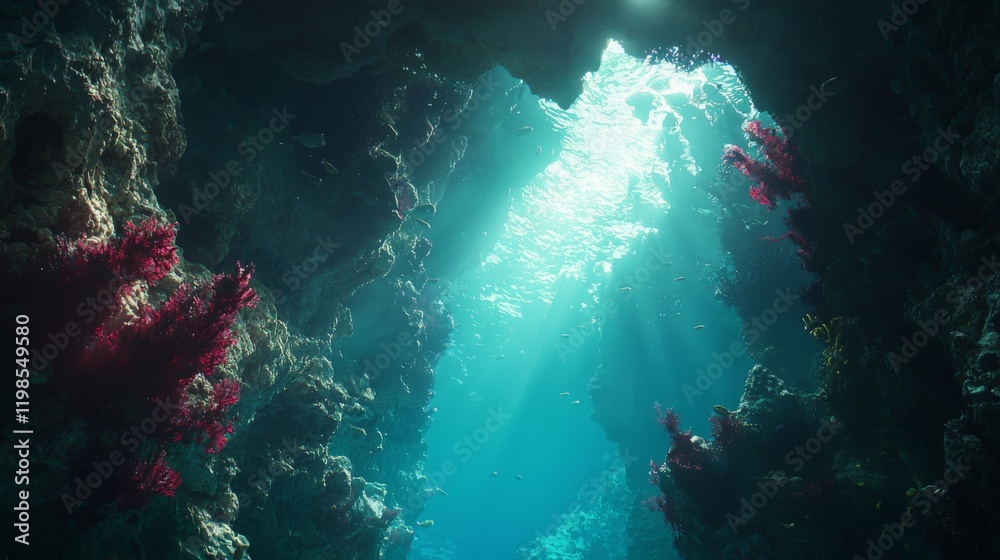 Fototapeta premium Underwater Ocean Scene Sunbeams Illuminate Coral Reef Cave Vivid Marine Life