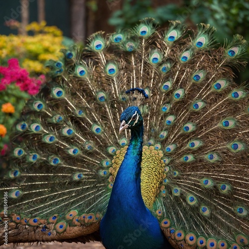 A peacock pangon with radiant, fan-like scales, strutting in a colorful garden. photo