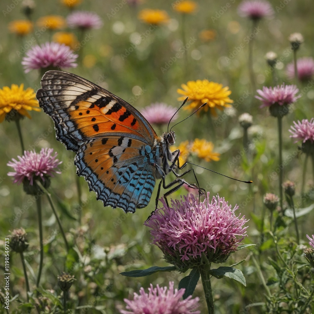 A butterfly pangon with vibrant, wing-like extensions, fluttering in a flower-filled meadow. A butterfly pangon with vibrant, wing-like extensions, fluttering in a flower-filled meadow.