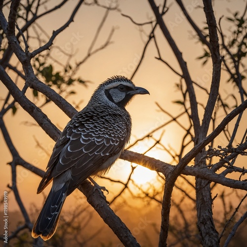 A bird pangon with feather-like scales, perched high in a tree surrounded by a vivid sunrise. photo