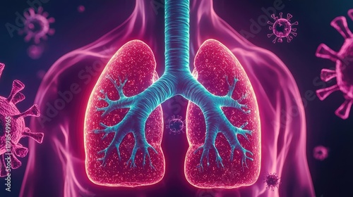 Dust pollution idea. Colorful illustration of lungs affected by viruses, showcasing human anatomy. photo