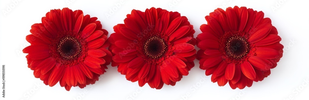 Three vibrant red gerbera daisies arranged in a row on a white background. (1) Three vibrant red gerbera daisies arranged in a row on a white background. (1)