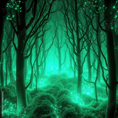 Enchanted Glowing Forest with Mystical Green Light