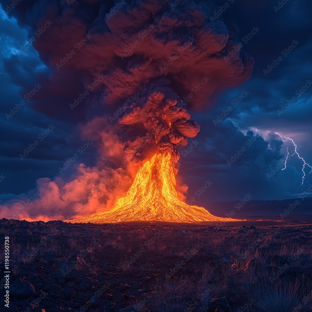 Fototapeta premium Volcanic eruption, fiery lava, lightning storm.