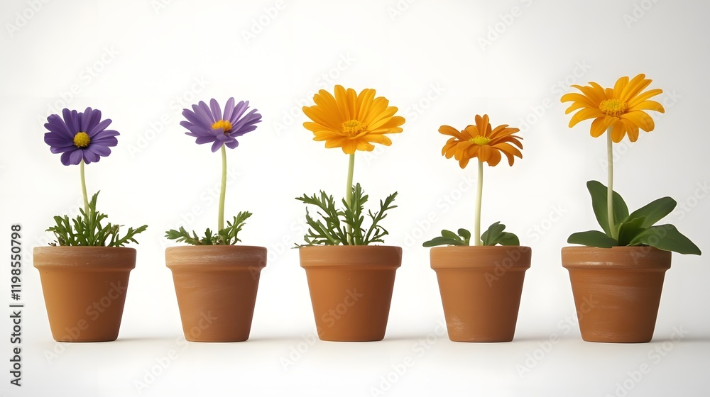 A row of colorful flowers in terracotta pots, showcasing nature's beauty and gardening. A row of colorful flowers in terracotta pots, showcasing nature's beauty and gardening.