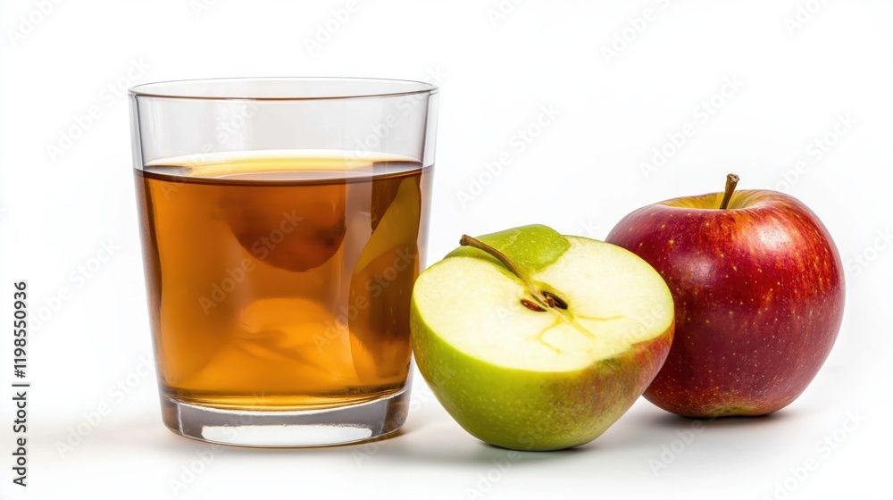 Glass of apple juice and two apples on a white background Glass of apple juice and two apples on a white background