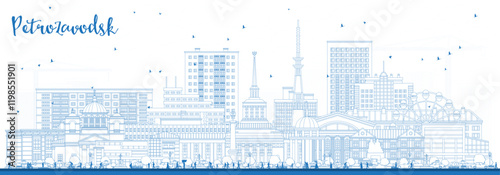 Outline Petrozavodsk Russia city skyline with blue buildings. Petrozavodsk cityscape with landmarks. Travel and tourism concept with modern and historic architecture.