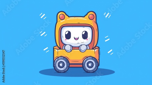 Cute cartoon character riding toy car digital art illustration playful environment whimsical viewpoint