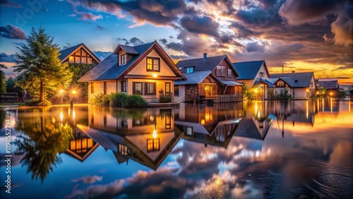 Desolate Flood Aftermath: Submerged Homes in Low Light