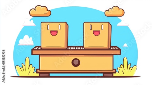 Friendly cartoon boxes on a playful conveyor digital art bright sky whimsical environment fun concept