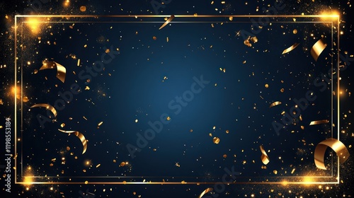Golden confetti and sparkles on dark blue background with glowing frame.