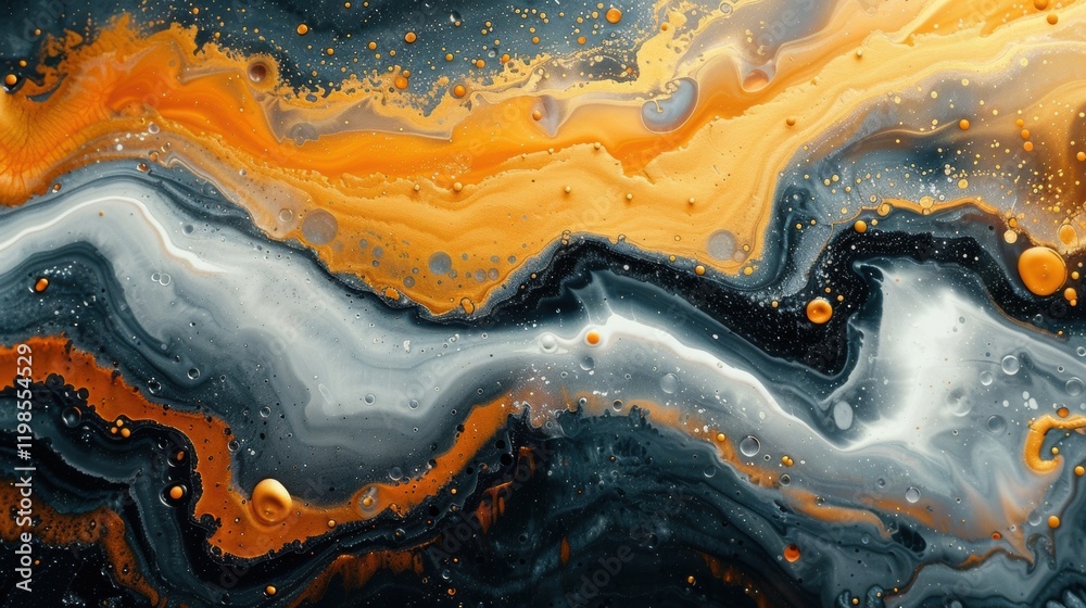 Abstract Fluid Art Swirling Orange Gray Black Paint Texture