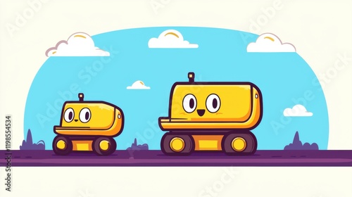 Playful robot adventure digital landscape animated characters cheerful environment bright viewpoint fun concept
