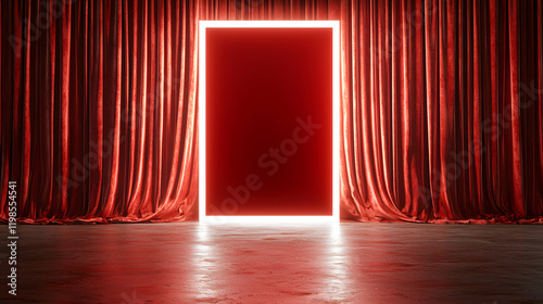 Mysterious red door unveiled empty stage digital art theatrical environment abstract viewpoint intriguing concept