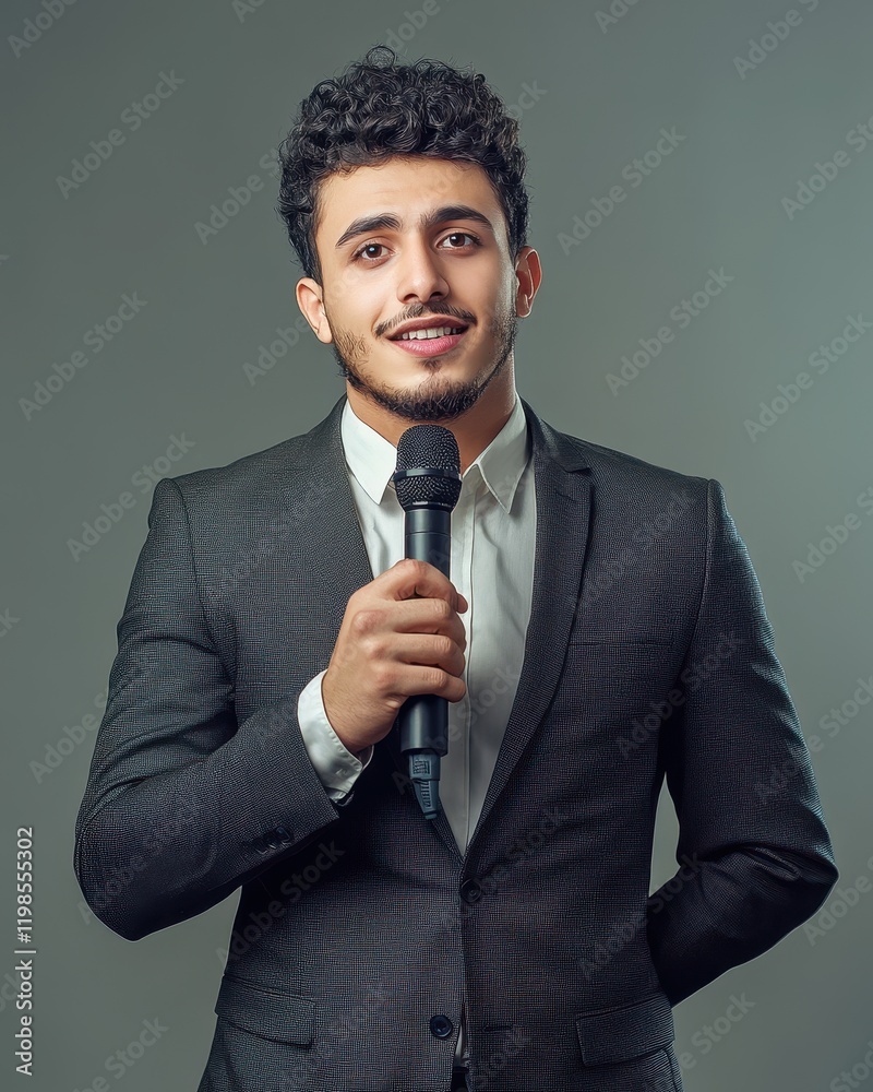 custom made wallpaper toronto digitalConfident Young Man in Suit Holding Microphone, Ready to Speak, Public Speaking, Presentation, Interview, Announcer, Businessman, Speaker, News Reporter, Podcast Host