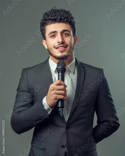 Confident Young Man in Suit Holding Microphone, Ready to Speak, Public Speaking, Presentation, Interview, Announcer,  Businessman,  Speaker,  News Reporter,  Podcast Host photo